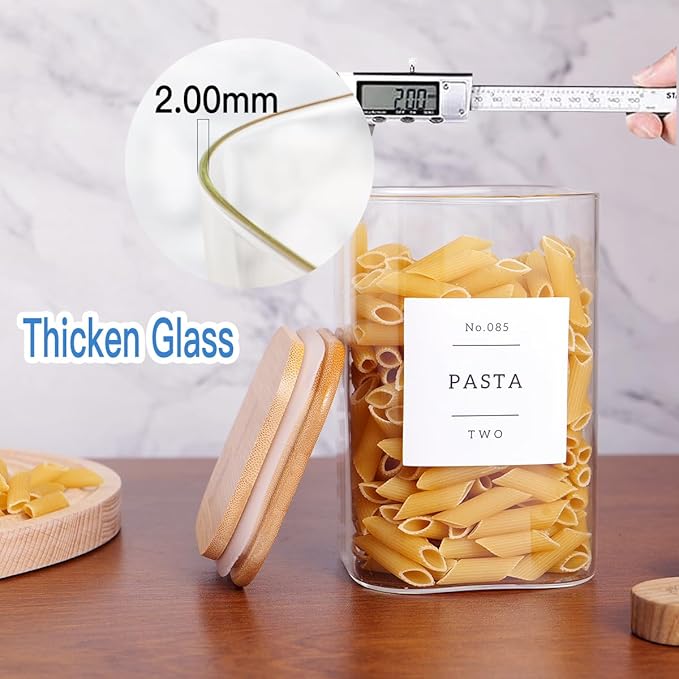 6 Pack Square Kitchen Storage Jars with Airtight Bamboo Lids and 132 Pantry Labels - 35oz Glass Canisters With Wood Lids - Food Storage Containers for Coffee, Cookie, Tea, Spice