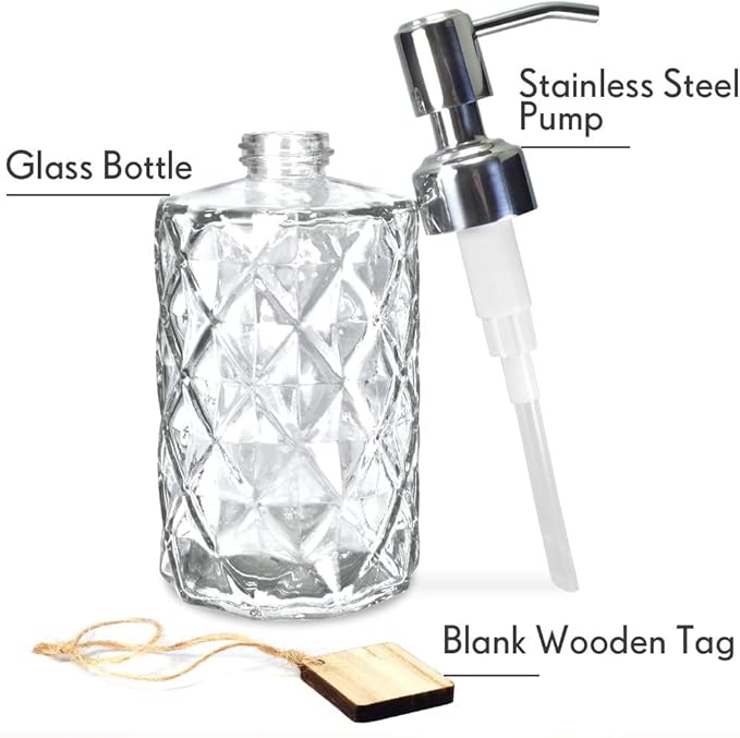 JASAI Diamond Design 12 Oz Glass Soap Dispenser, Kitchen soap Dispenser with 304 Rust Proof Stainless Steel Pump, Bathroom Soap Dispenser for Hand Soap, Soap, Lotion(Clear).