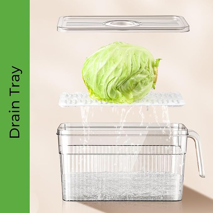 2 Pack Clear Refrigerator Organizers and Storage, Plastic Fridge Organizer Bins with Handle and Removable Drain Tray, Multi-Use Organizer Bins for Kitchen, Cabinets, Fridge, Drinks, Vegetable