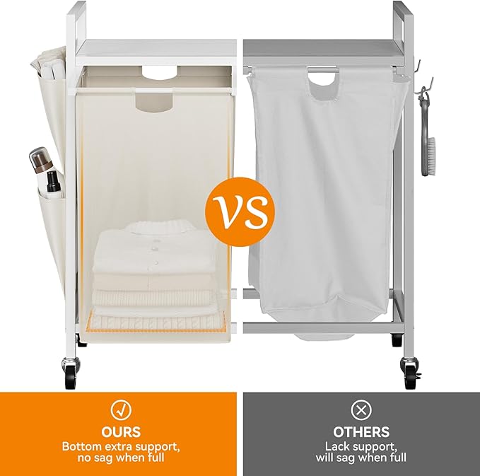 WOWLIVE Double Laundry Hamper with Lid,Rolling Laundry Basket Organizer with Wheels, Iron-Made Laundry Sorter with Top Shelf and 2 Removable Bags,Large Clothes Storage for Room,White