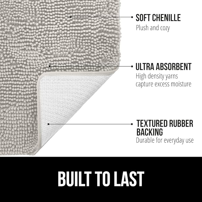 GORILLA GRIP Bath Rug Mat, Thick Soft Absorbent Chenille, Quick Dry Microfiber Mats, Rubber Backing Washable Shower Floor Rugs, US Designed Bathroom Bathmat Home Decor Accessories, 24x17 Light Gray
