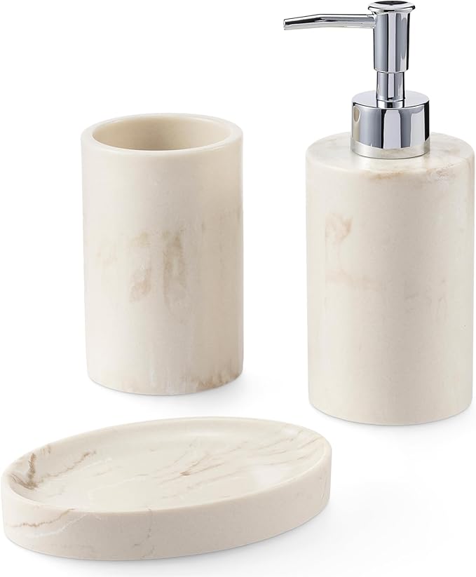 Navaris Decorative Bathroom Accessories Set - 3-Piece Bath Accessory Kit with Toothbrush Holder Liquid Soap Dispenser and Soap Dish Tray Set - Marble