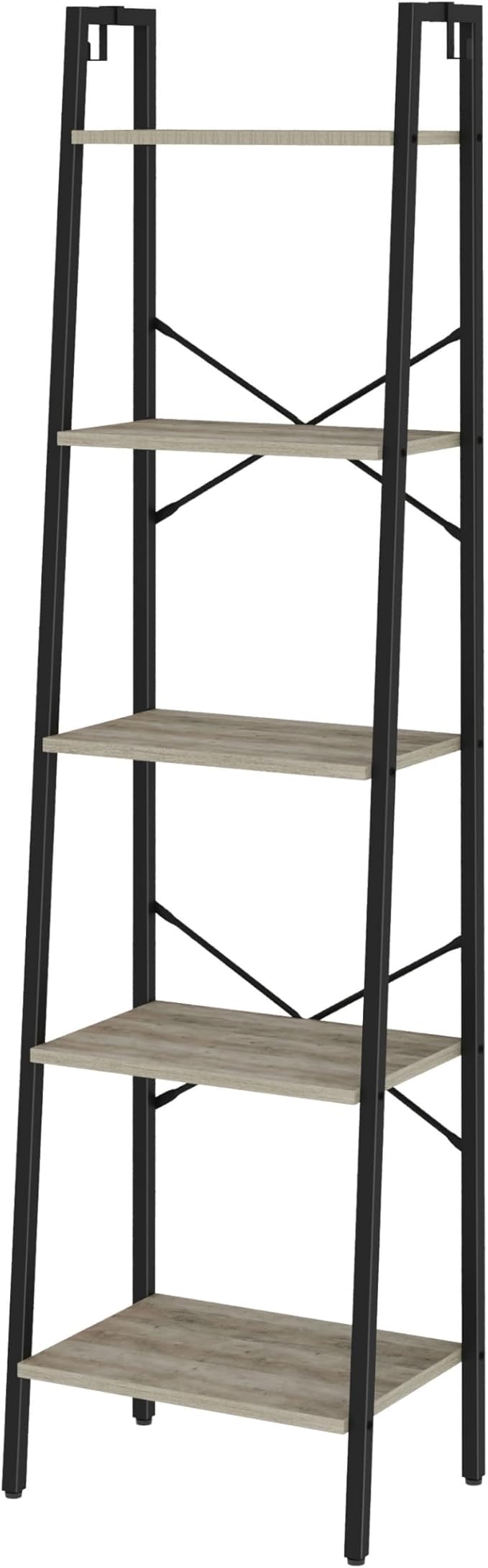 Ladder Shelf, Bookshelf Bookcase, Freestanding Corner Storage Shelve with 2 Hooks for Home Office, Living Room, Kitchen, Bedroom, Industrial, 11.8" D x 17.3" W x 63" H, Greige BC19205B