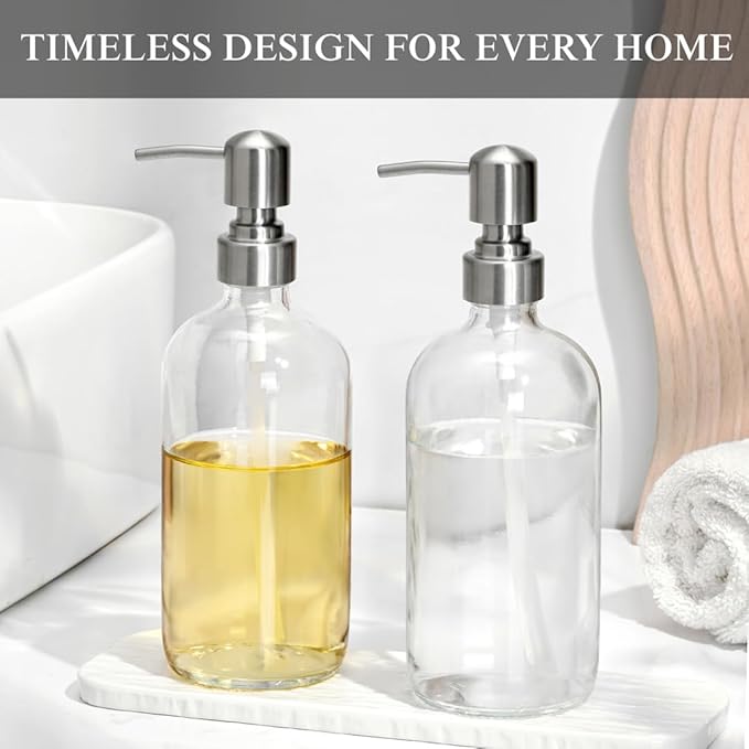 Clear Glass Soap Dispenser with 304 Stainless Steel Pump 17 oz for Kitchen Dish Soap and Bathroom Hand Soap Bottle