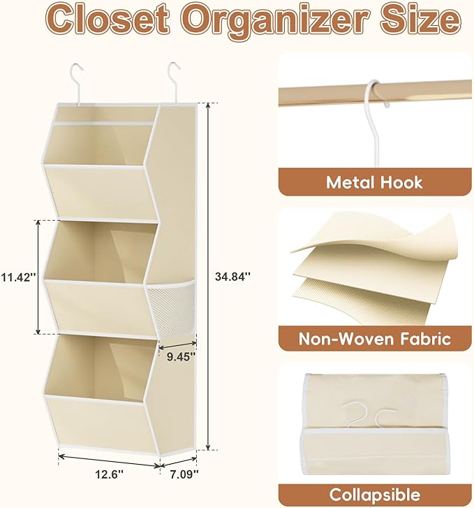 Hanging Closet Organizer 3 Shelf Collapsible Fabric Closet Organizers and Storage Hanging with Mesh Pocket for Clothes, Hanging Wardrobe Organizers and Storage for Sweater T-Shirt Shoes Toys, Beige