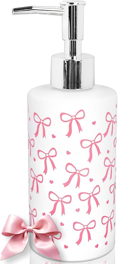 Pink Bow Soap Dispenser Coquette Bow Knot Mini Heart Glass Soap Dispenser with Pump Refillable Liquid Soap Container for Bathroom Kitchen Countertop Decor