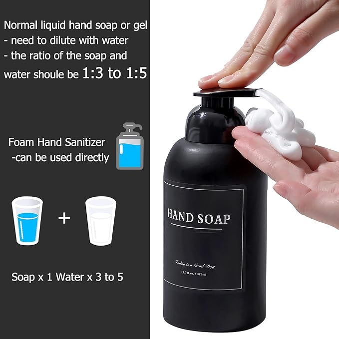 rejomiik 2 Pack Foaming Thick Glass Foam Hand Soap Dispenser for Bathroom or Kitchen Sink, 13 oz Pump Bottles for Hand soap, Body Wash, Matte Black