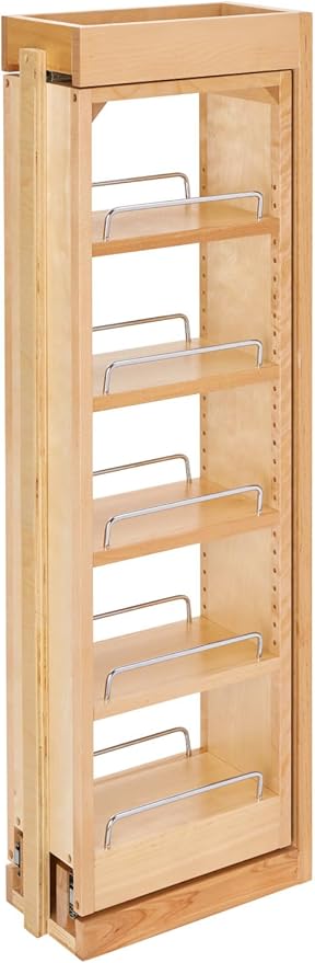 Rev-A-Shelf 6" W x 36" H Pull Out Quad Shelf Organizer for Wall & Base Kitchen Cabinets, Full Extension Filler Spice Rack, Adjustable, Wood, 432-WF36-6C