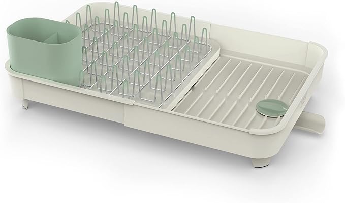Joseph Joseph Extend Expandable Dish Drainer Rack with Removable Flatware Holder Swivel Draining Spout - Stone/Sage Green