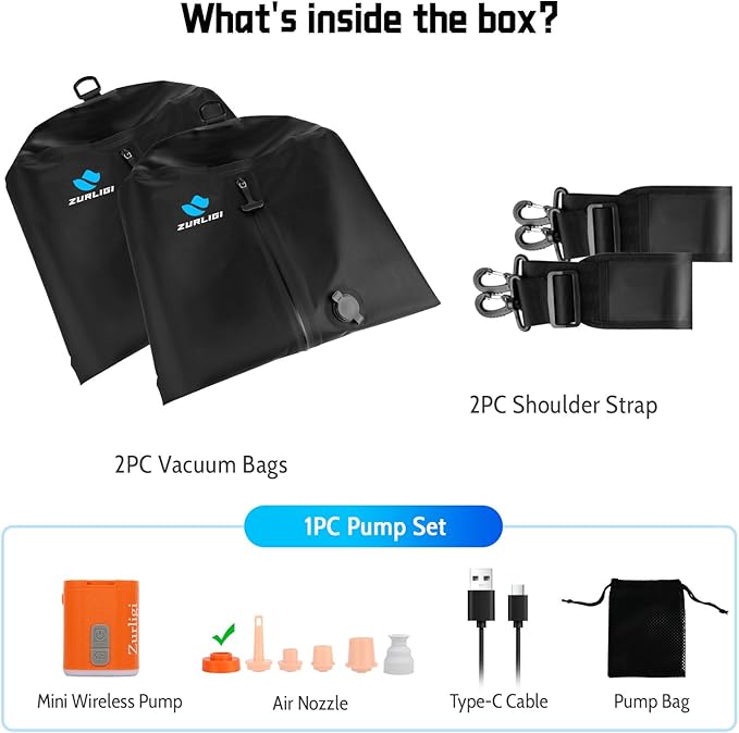 Zurligi Vacuum Bags with Pump for Travel – IPX8 Waterproof Reusable Carry-On Compression Bags for Clothes, Suitcase & Luggage(2-Pack, Black)