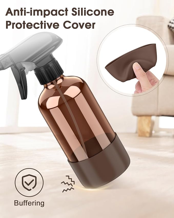 Glass Spray Bottle with Silicone Sleeve Protection, Amber Glass Spray Bottle Set for Window Cleaner Aromatherapy Facial Hydration Watering Flowers Hair Care 2 Pack/8 oz (Black & Brown)