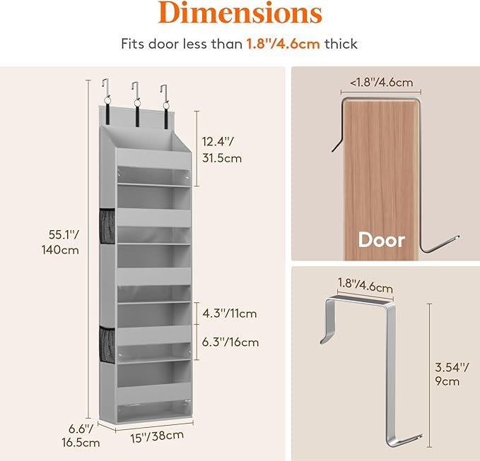 Lifewit 1 Pack Over the Door Organizer, Clear Window Hanging Storage with 4 Mesh Side Pockets, Anti Tilt 40 lbs Load Behind Door for Pantry, Nursery, Bathroom, Bedroom, Dorm, 5 Section, Light Gray