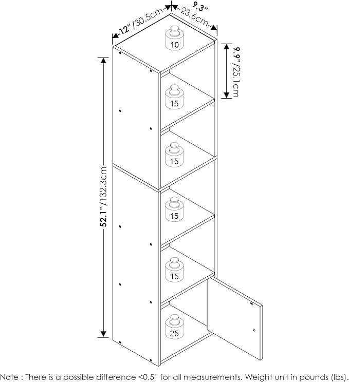 Furinno LUDER Book Shelf, 5-Tier Modern Bookshelf, Bookcase with 1 Door Storage Cabinet, 9.3 x 12 x 52, for Living Room, Bedroom, Home Office, Blackwood