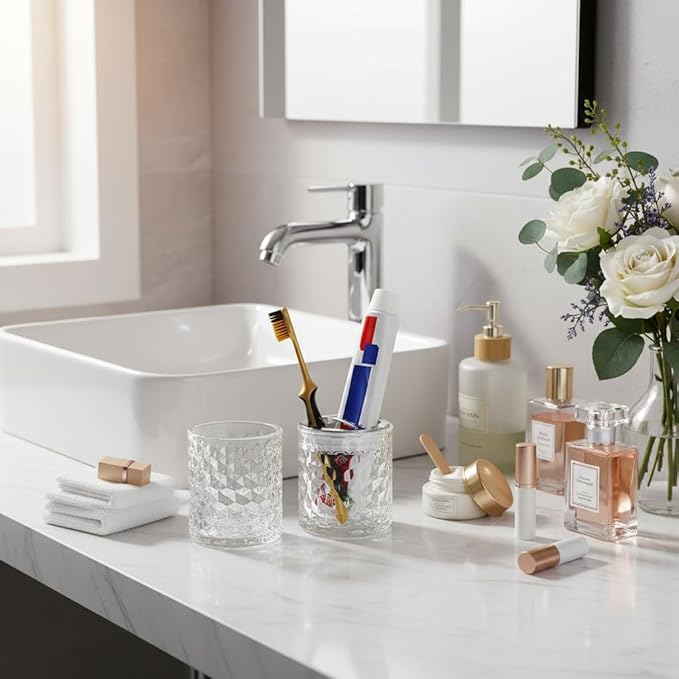 2pcs Toothbrush Holders for Bathrooms,Glass Toothbrush Holder and Bathroom Tumbler Set,Toothbrush and Toothpaste Holder with Divider,Bathroom Toothbrush Cup Holder (Clear and Silver)