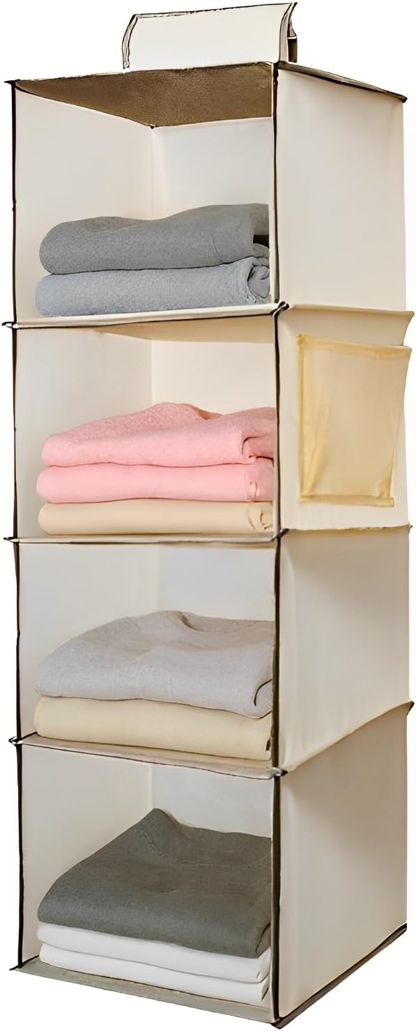 Hanging Closet Organizer 4 Tier Hanging Storage with Side Pocket, Foldable Hanging Shelves for Clothes, Laundry Room & RV Use