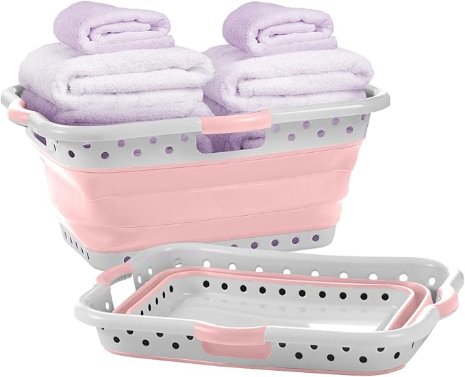 Pop & Load Collapse & Store 1 Large 25" Slim Collapsible Plastic Laundry Basket, Space Saving Portable Pop Up Storage & Organization Basket, 3" High When Folded, 3 Comfort Grip Handles, Blush Pink