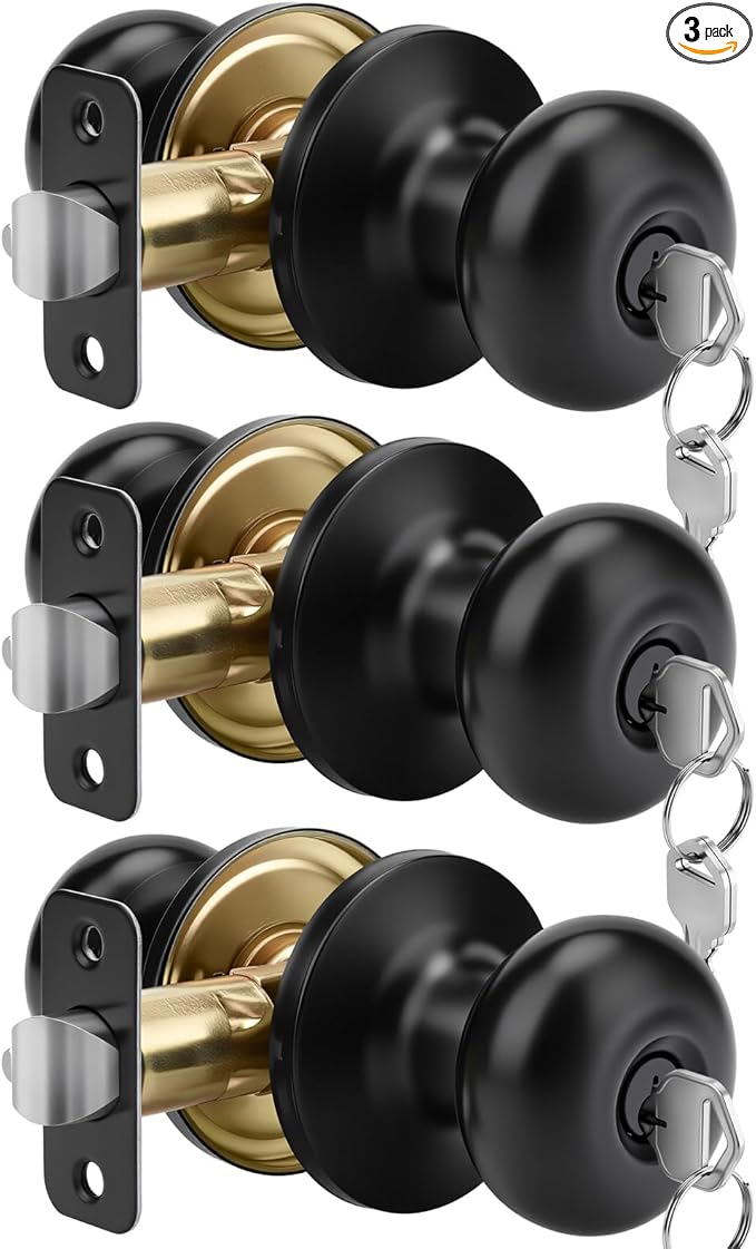 Goldenwarm Keyed-Alike Black Exterior Door Knob with Lock and Key, Front Door Knob, Matte Black Door Knobs Exterior Entry 3 Pack
