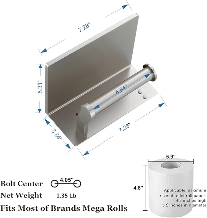 Toilet Paper Holder with Shelf and 2 Towel Hooks - Self Adhesive Toilet Paper Storage - Tissue Roll Holder with Phone Shelf - Wall Mount Toilet Roll Bathroom Organizer - Brushed Nickel
