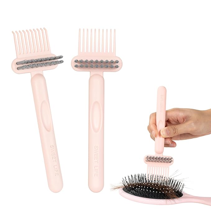 RHOS 2-in-1 Hair Brush Cleaner and Remover Tool - Comb for Removing Hair and Dust, Suitable for Home and Salon Use (2 Pack - Pink)