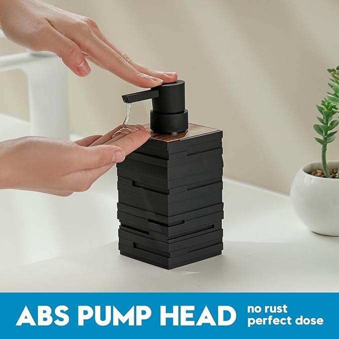 Matte Black Teak Wood Hand Soap Dispenser 10 oz Square for Bathroom and Kitchen Countertops