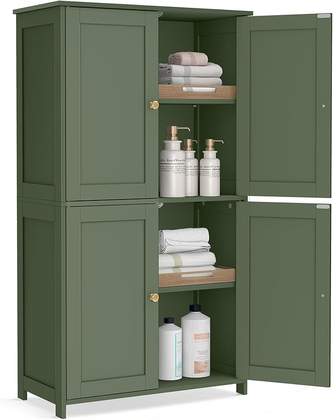 VASAGLE Floor Storage Cabinet, Shaker Cabinet with 2 Adjustable Shelves, 4 Doors, Tall Freestanding Organizer Unit, for Kitchen Bathroom Living Room, Forest Green UBBC553CH01S