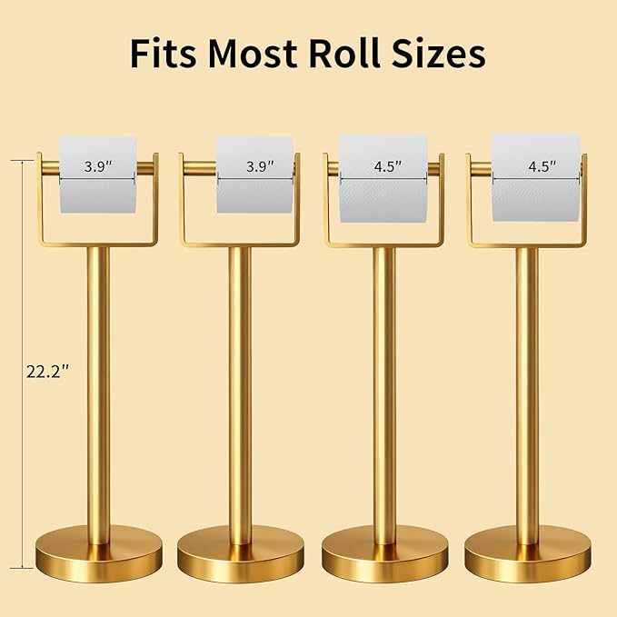 YUMORE Toilet Paper Holder Free Standing, Stainless Steel Toilet Paper Stand, Weighted Base Floor Tissue Roll Holder for Bathroom,Gold 200UP