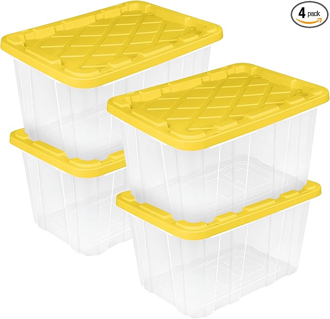 Sterilite 4-Pack Industrial Storage Box, Plastic Container Bins w/Lids, 27 Gallon, Yellow - Heavy-Duty Organizing Containers for Closet, Bathroom, and Office
