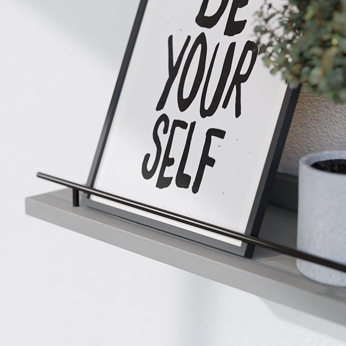 WOPITUES Floating Shelves with Black Metal Guardrail, Shelves for Wall Decor Set of 3, Wall Shelves for Bedroom, Bathroom, Kitchen, Living Room, Plants, Picture Frames, Art- Grey