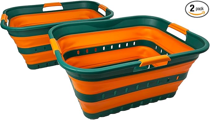 SAMMART 42L (11 gallons) Set of 2 Plastic Foldable Storage Basket/Container - Collapsible, Space Saving and Portable Laundry Hamper, Ideal for Home, Travel, Dorm (2, Teal Green/Autumn leaf)