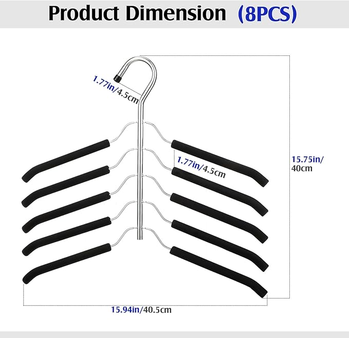 Ripeng 8 Pcs Multi Layer Clothes Hangers 5 in 1 Sweater Shirt Hanger for Shirts Space Saving Anti Slip Metal Heavy Duty Stainless Steel Blouse Tree Hangers for Suit Closet Organizer and Storage, Black