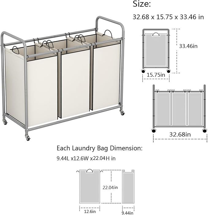 LINZINAR 3-Bag Laundry Sorter,Laundry Hamper Cart with Heavy Duty Rolling Lockable Wheels and Removable Bags (Beige)