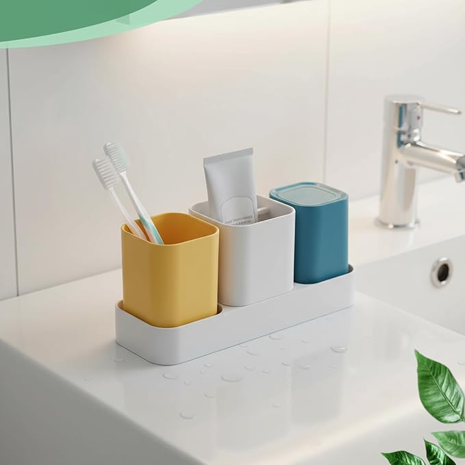 2 Set of Toothbrush Holder for Bathroom, Bathroom Organizer Storage Set with 2 Cups, Electric Toothbrush Toothpaste Holder and Bathroom Accessories Storage, Orange + Green and Blue + Yellow