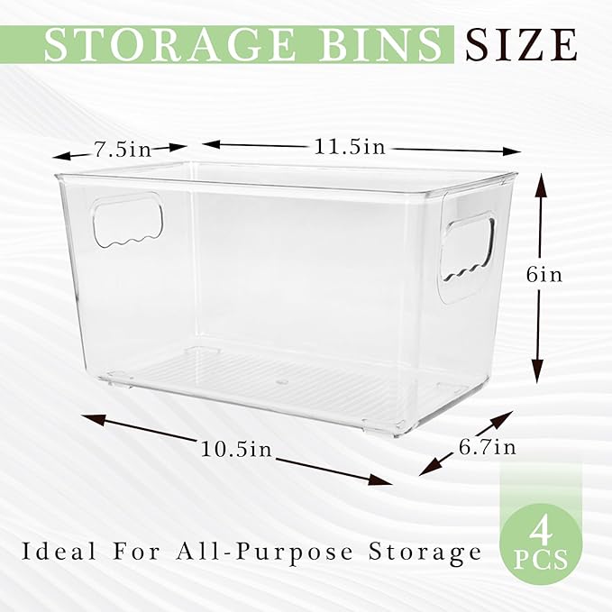 4 Pack Clear Plastic Storage Bins with Handles, Stackable Pantry Fridge Cabinet Under Sink Organizers and Storage, Multi-use Large Home Kitchen Bathroom Organization for Shelf Closet Drawer