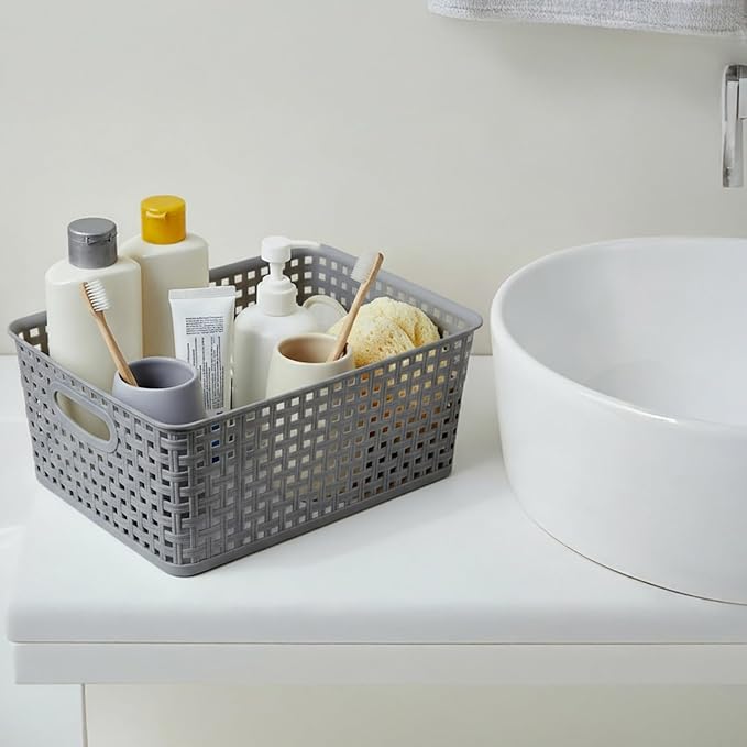 Pack of 4 Plastic Storage Basket, Grey Desktop File Paper Letter Organizer Tray,Plastic Baskets for Organizing（11.4"X9"X4.7"）