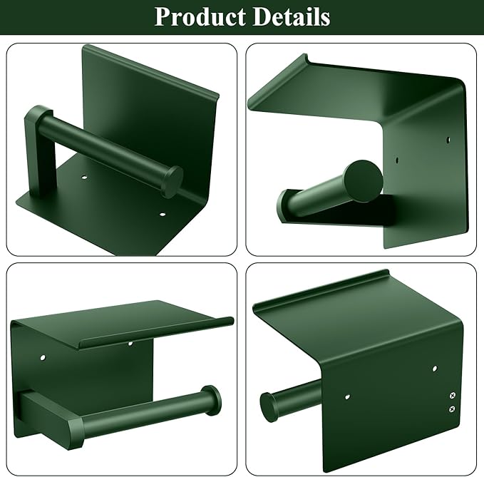 Tindbea Toilet Paper Holder with Shelf Adhesive or Screw Wall Mounted Toilet Paper Roll Dispenser Storage, Stainless Steel Bathroom Shelf Holder Accessories (Forest Green)