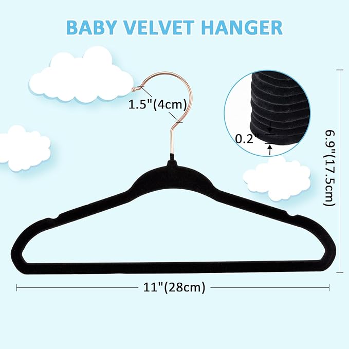 Baby Velvet Hangers 50 Pack - 11 Inch Premium Non Slip Felt Kids Hanger for Toddler & Infant Clothes - 0.2" Ultra Thin Baby Clothes Hangers with 10 Hanger Clips - Black
