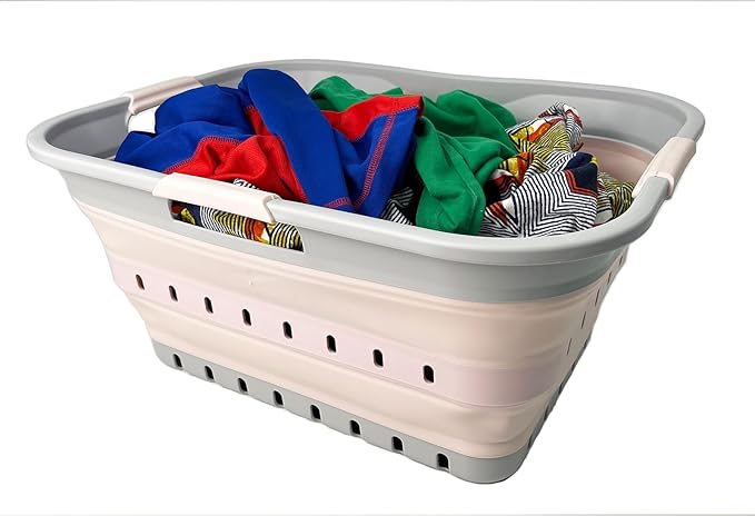 SAMMART 42 (11 Gallons) Collapsible Plastic Laundry Basket, Foldable Pop Up Storage Container/Organizer, Space Saving Hamper, Portable Bin for Dorm Room Bathroom (1, Grey/Pink)