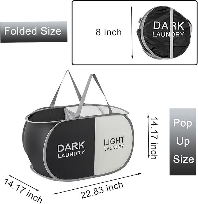 Foldable Pop Up Laundry Hamper, 2 Section Laundry Basket, Dirty Clothes Hampers Sorter Basket for Laundry, Cruise, Bedroom, College Dorms (Black Beige)