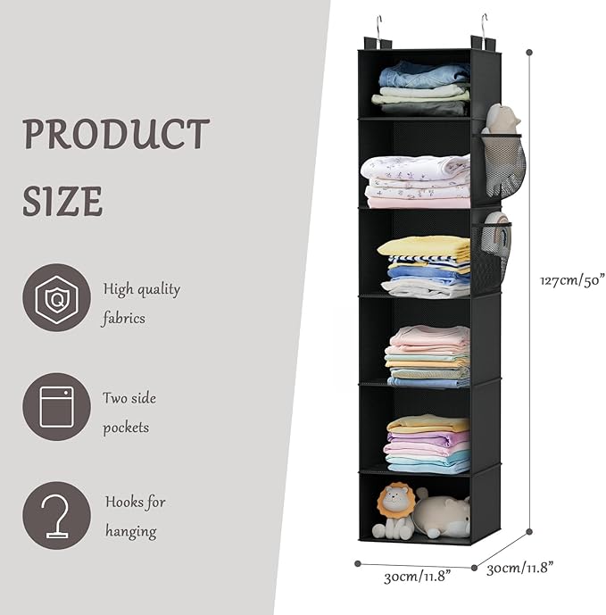 VERONLY Hanging Closet Organizer and Storage with Bamboo Support, 6-Shelf Closet Hanging Storage Shelves, Closet Organizers Easy Mount Foldable for Bedroom(Black)