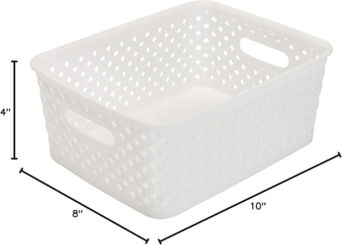 Simplify Small Resin Wicker Tote | Storage Bin | Plastic Organizer | Carrying Handles | Bathroom | Pantry | Accessories | Cleaning Products | White