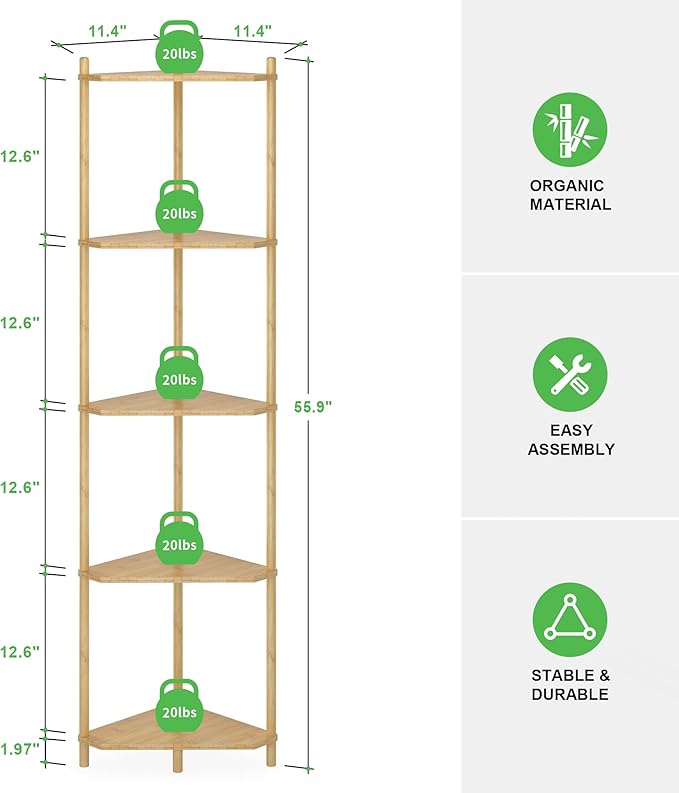 Wisuce Corner Shelf Stand - 5 Tier Natural Bamboo Small Corner Bookshelf for Office Kitchen Bedroom Plant Stand Living Room Decor Small Space