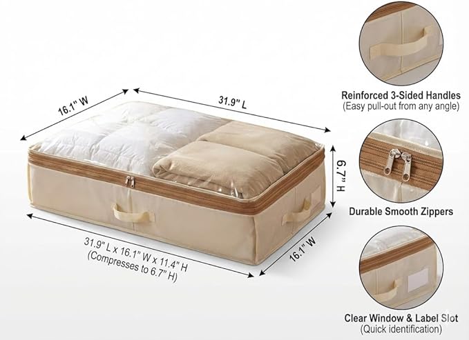 2-Pack Expandable Under Bed Storage Containers with Sturdy Bottom Board, 96L Vacuum-Free Compression Space Saving Organizer, Height Adjusts from 11.4" to 6.7", Premium Oxford Fabric, Ivory