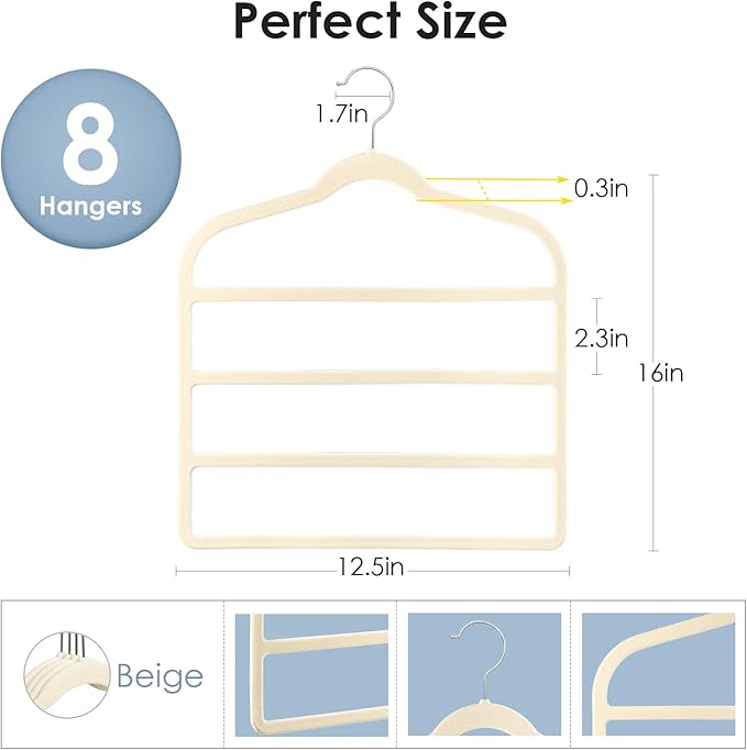 Velvet Hangers Space Saving Non Slip Pant Velvet Hangers, DUDUCOFU 8 Pack Beige Multi Layer Clothes Hangers Closet Organizer for Pants Trousers Scarf
