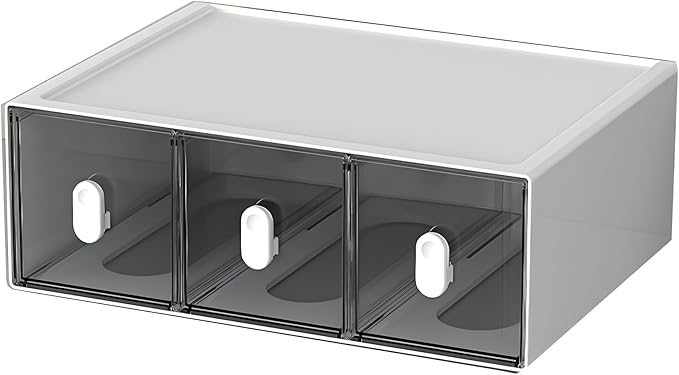 Desktop Storage Drawers, Plastic Desk Organizer with 3 Drawers, Modular Stackable Toolbox Units for Office Stationary, Makeup Container, Bathroom Countertop (1 Tall Layer, White & Clear)