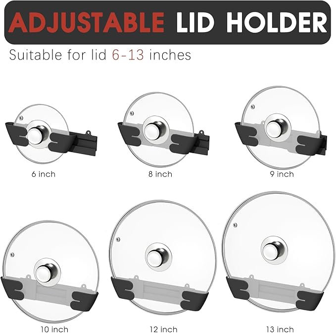 Adjustable Universal Pot Lid Holder Organizer for Cabinet - Upgraded Patented 6 Pack Pan Lids Organizers Inside Door Wall Mount Pots Top Rack for Kitchen Cupboard Fit 6" to 13" (Black)
