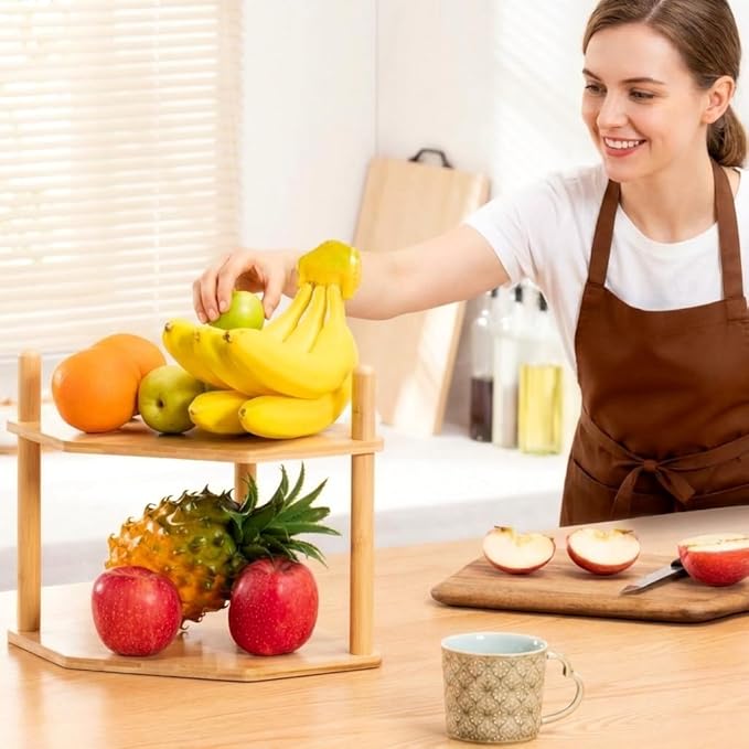 2 Pack 2-Tier Expandable Bamboo Corner Shelf - Dish/Plate Organizer for Cabinet, Kitchen Counter Shelf & Small Kitchen Shelf, Adjustable(2, 6.7" H)