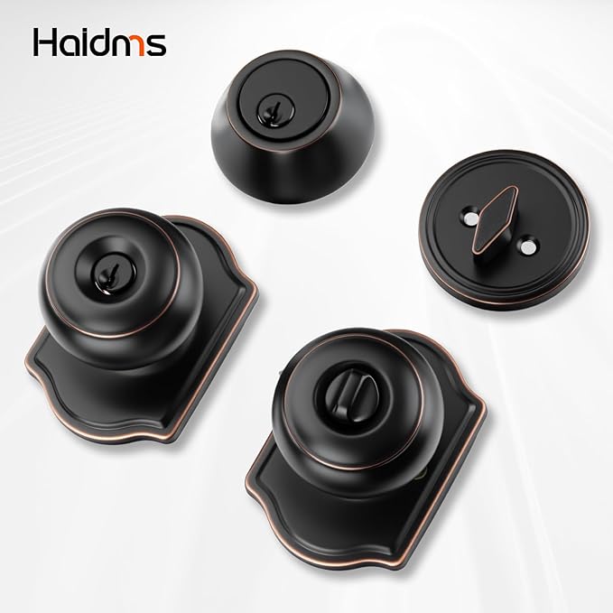 Haidms Exterior Deadbolt and Keyed Entry Bronze Door Knob Set, Keyed-Different Entry Front Door Knobs, Oil Rubbed Bronze Deadbolt Doorknob with Lock and Key(1 Pack)