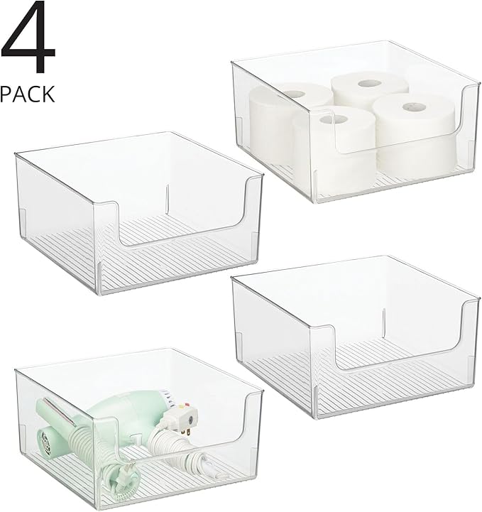 mDesign Modern Wide Plastic Open Front Dip Storage Organizer Bin Basket for Bathroom Organization - Vanity Shelf, Cubby, Cabinet, and Closet Organizing Decor - Ligne Collection - 4 Pack - Clear