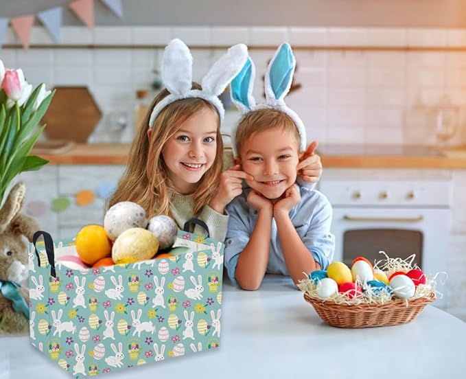 Sanjiaofeng Rectangular Easter Basket Eggs Storage Bins,Cute Storage Basket with Handles.Clothers,Books,Kid's Gifts Bins. (Bule eggs)