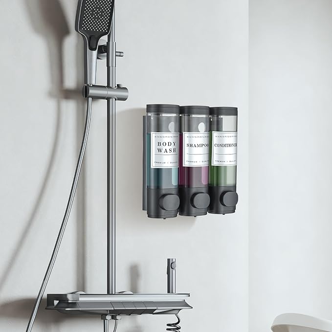 Shower Soap Dispenser Wall Mounted No Drill Shampoo Dispenser for Shower Wall Shampoo and Conditioner Dispenser Bathroom Hotel 3 * 300ml Black with Waterproof Labels